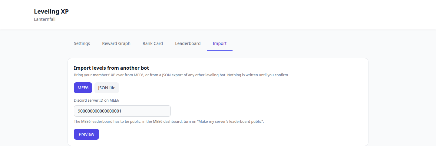 The Import tab of the Levels page before any import: pick MEE6 or a JSON export and start a preview