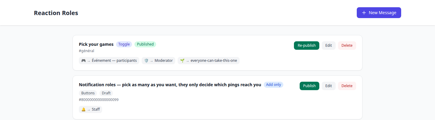 The Reaction Roles page listing a published reaction-role message and a draft one