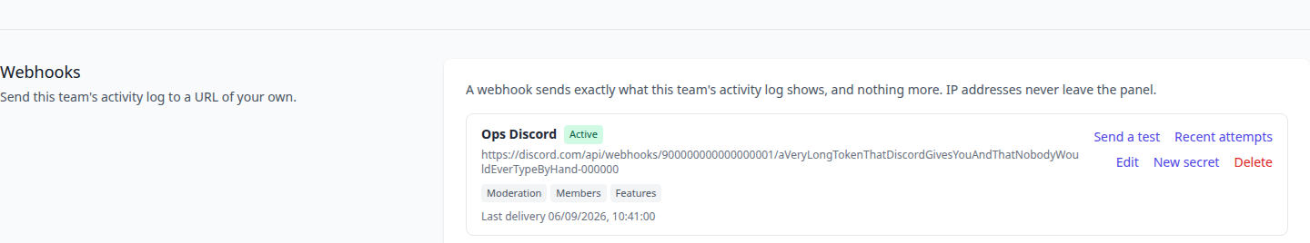 An active team webhook with its delivery categories and last delivery time