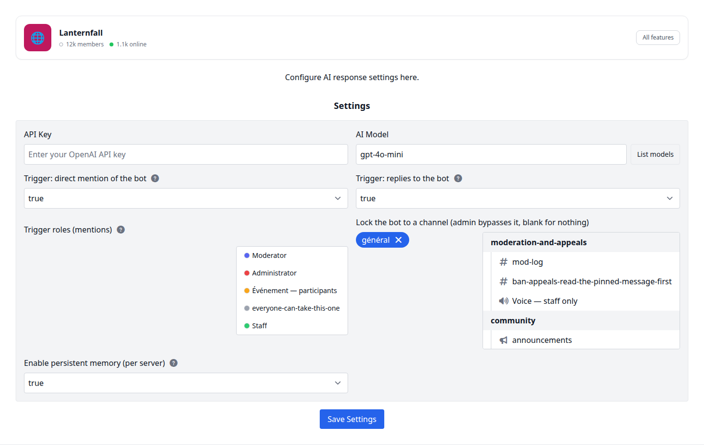 The AI Response settings page: API key, model, the two triggers, trigger roles, channel lock and persistent memory