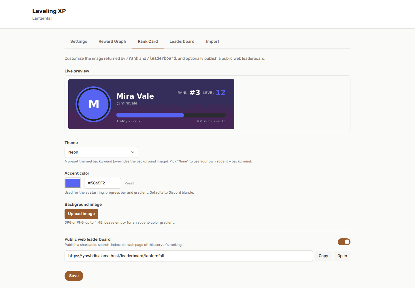 Het tabblad Rangkaart van de pagina Leveling: de live voorvertoning van de kaart, thema, accentkleur, achtergrondafbeelding en de schakelaar voor de openbare ranglijst met zijn URL