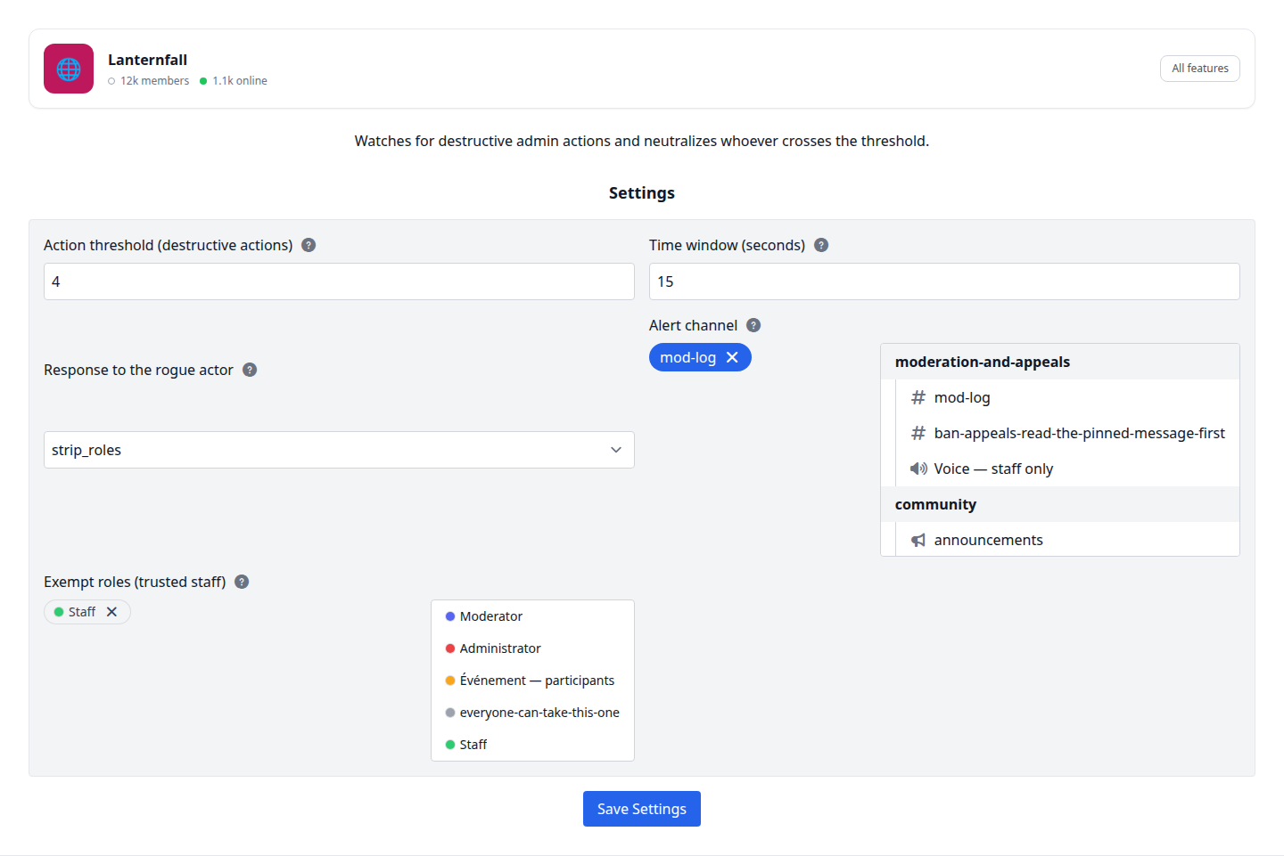 The Anti-Nuke settings page: action threshold, time window, response to the rogue actor, alert channel and exempt roles