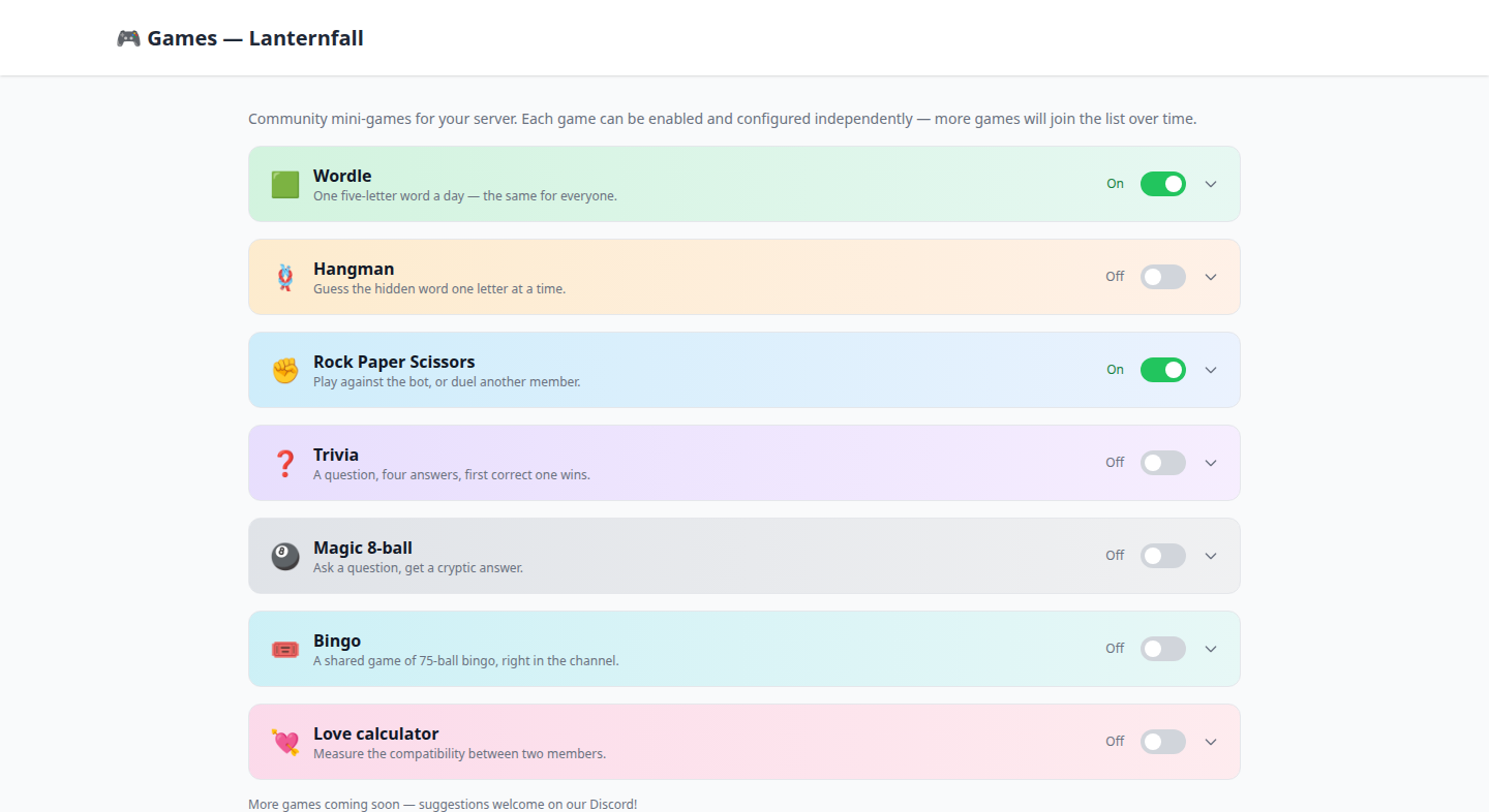 The Games page listing every mini-game with its on/off toggle, including Wordle enabled at the top