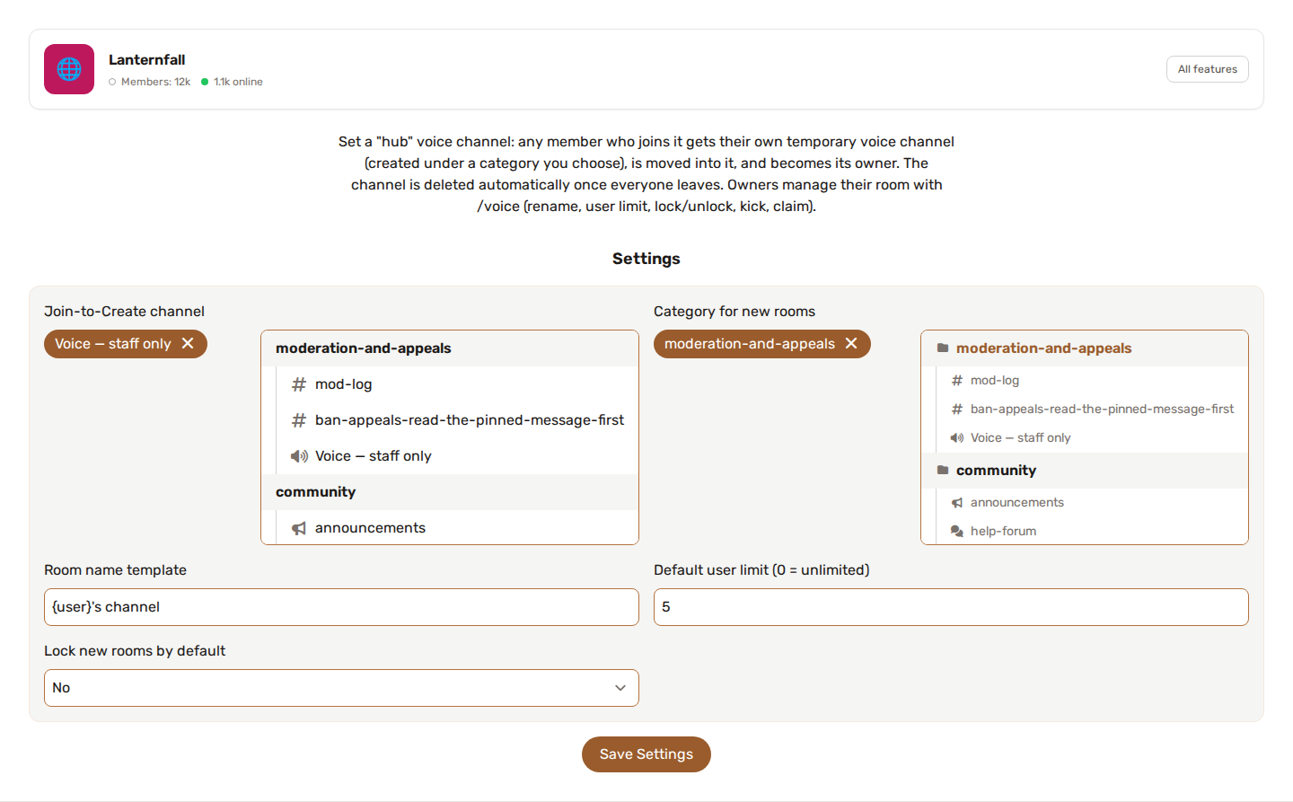 La pagina delle impostazioni dei canali vocali temporanei: canale Join-to-Create, categoria per le nuove stanze, modello del nome della stanza, limite membri e blocco predefinito
