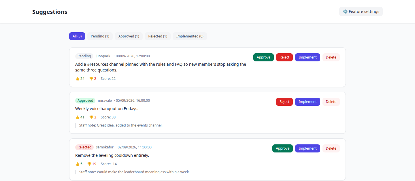 The Suggestions page listing three suggestions — pending, approved and rejected — with their votes and staff reasons