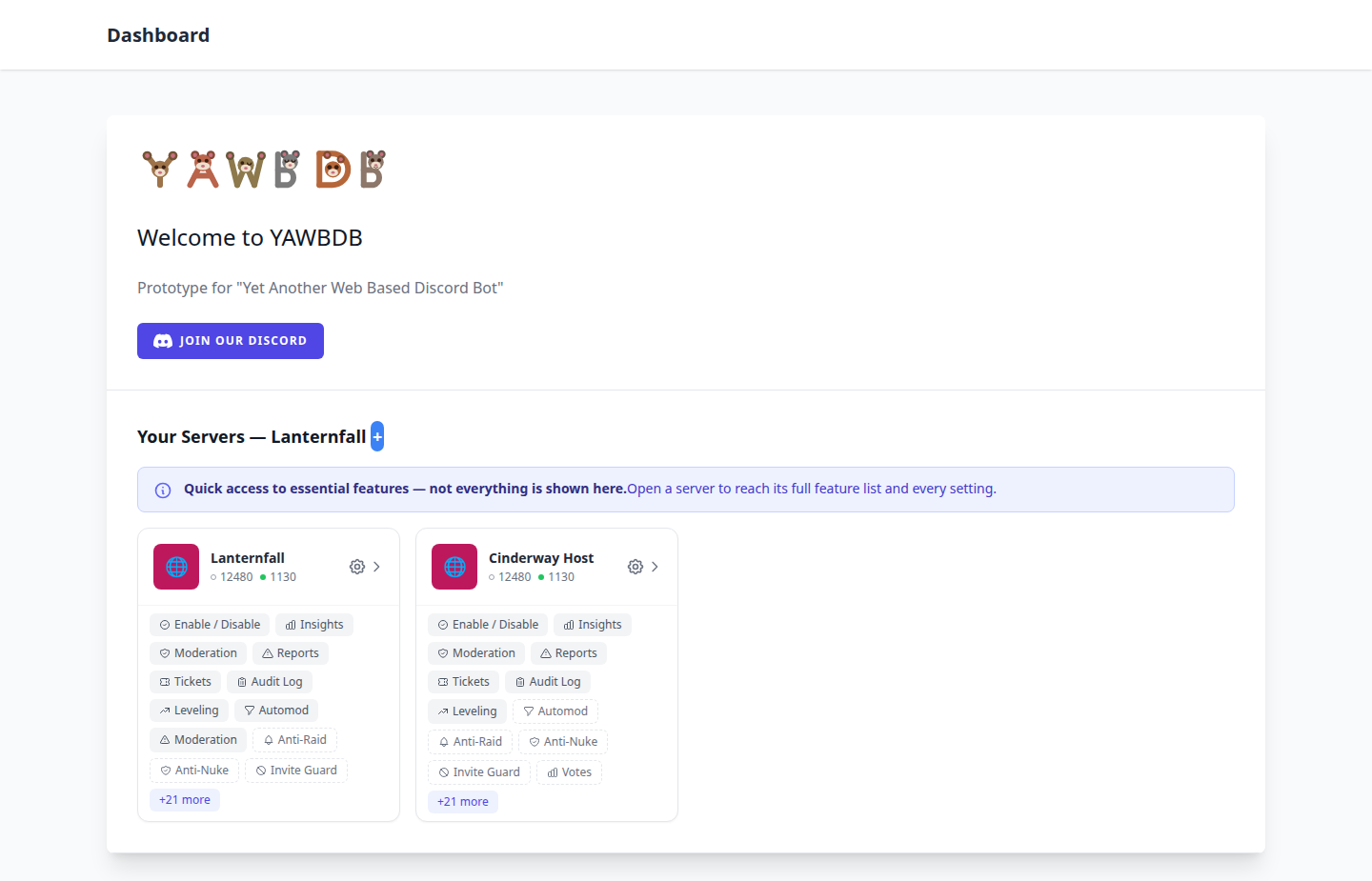 The dashboard after signing in: your servers with their active features and the quick actions