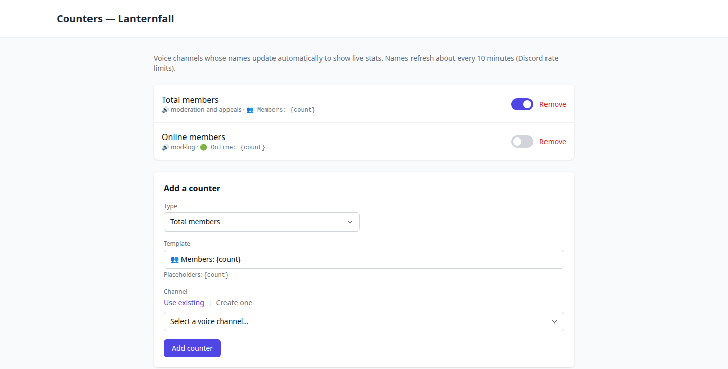 The Counters page showing two configured voice-channel counters and the Add a counter form