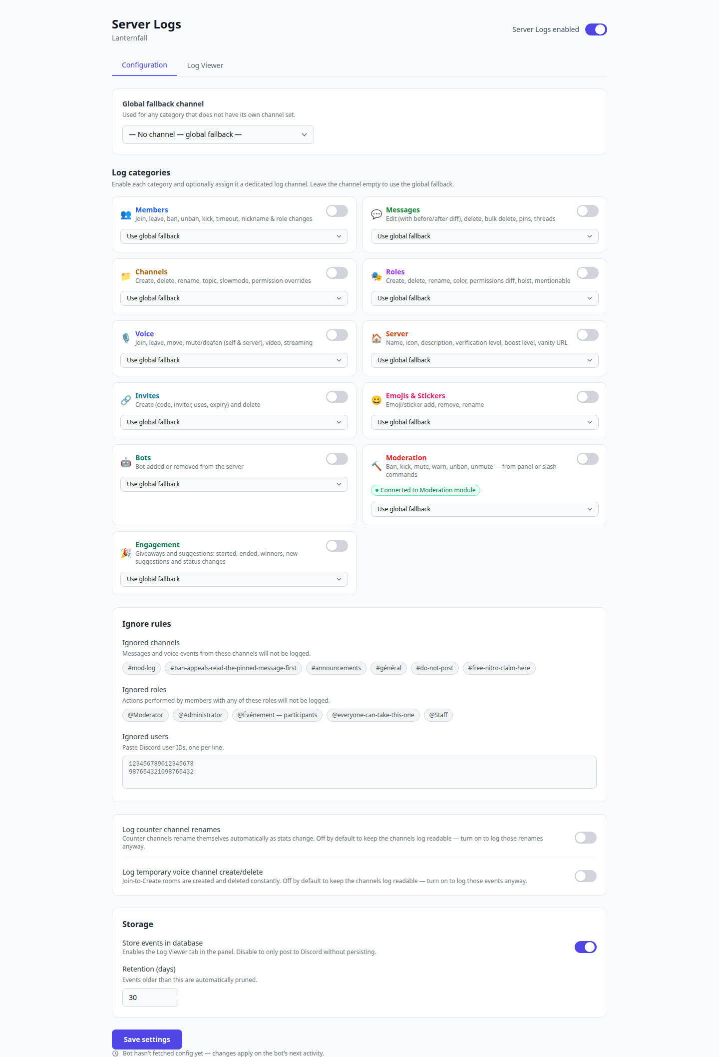 The Server Logs configuration page listing every log category with its channel and toggle