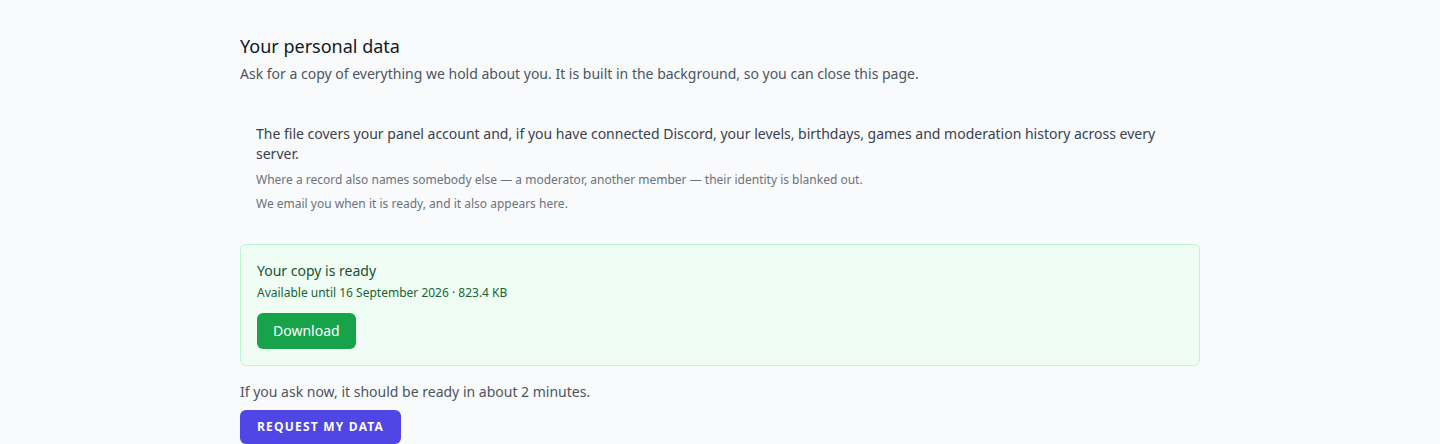 The personal data export section with a finished export ready to download and its expiry date