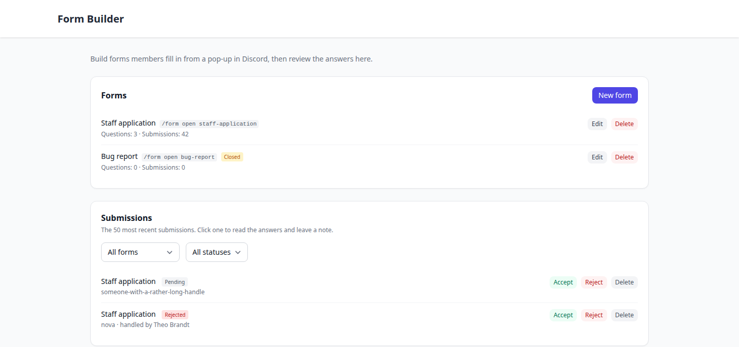 The Form Builder page showing two forms and their recent submissions