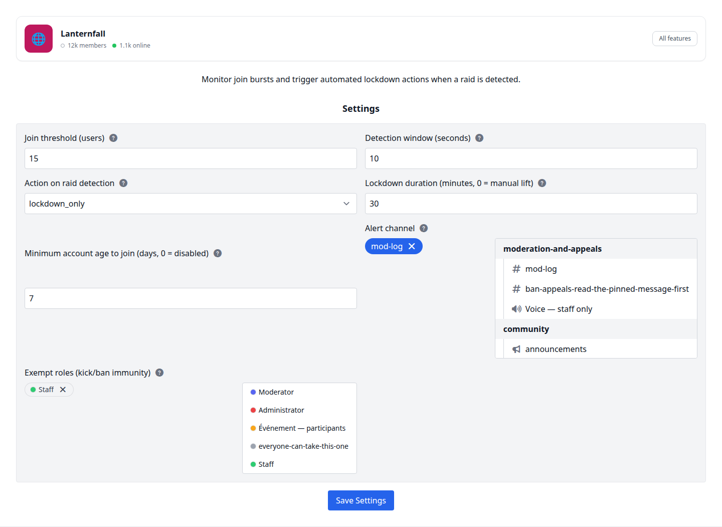 The Anti-Raid settings page: join threshold, detection window, action on raid, lockdown duration, alert channel and exempt roles