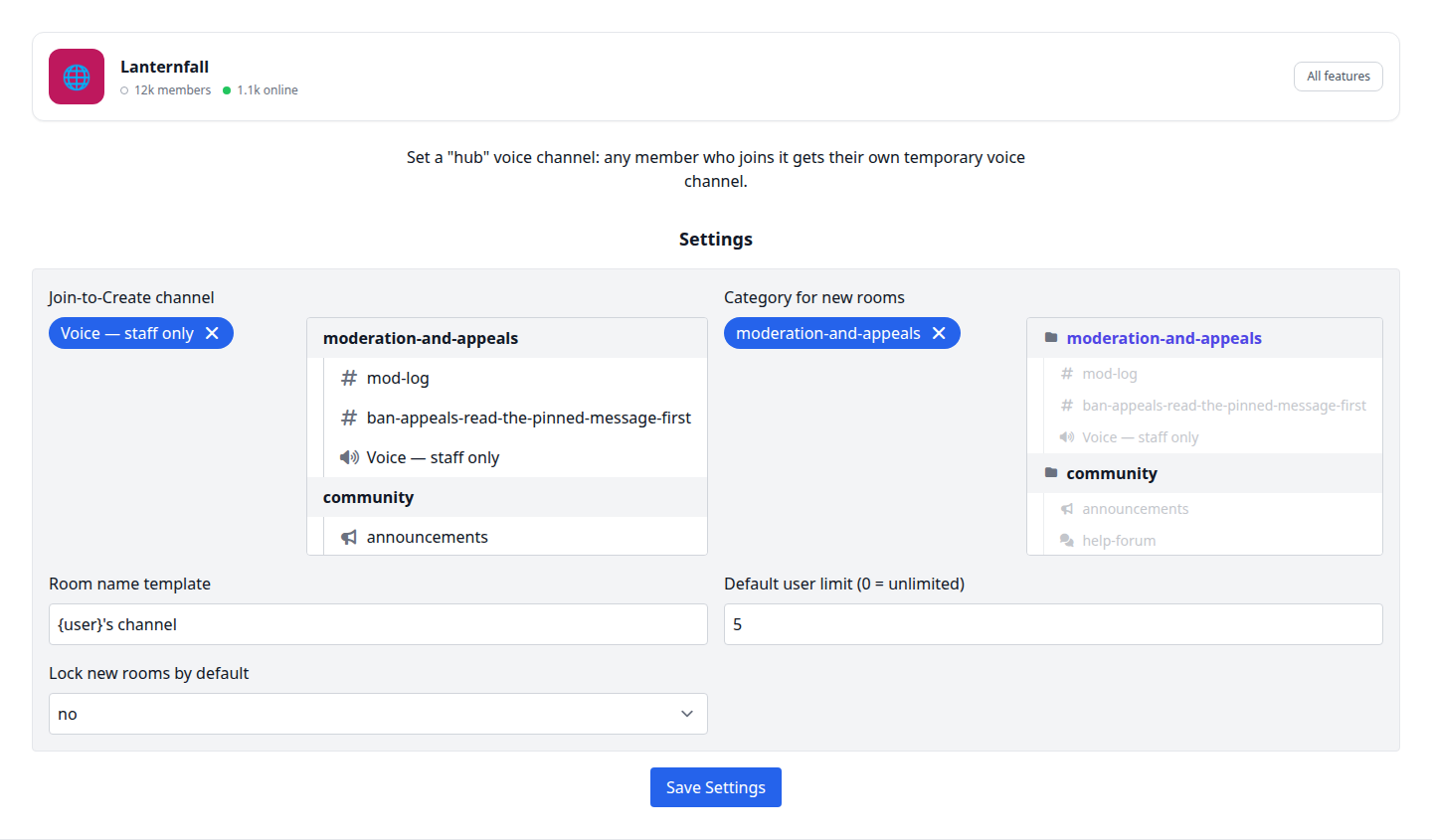 The Temporary Voice settings page: Join-to-Create channel, category for new rooms, room name template, user limit and default lock