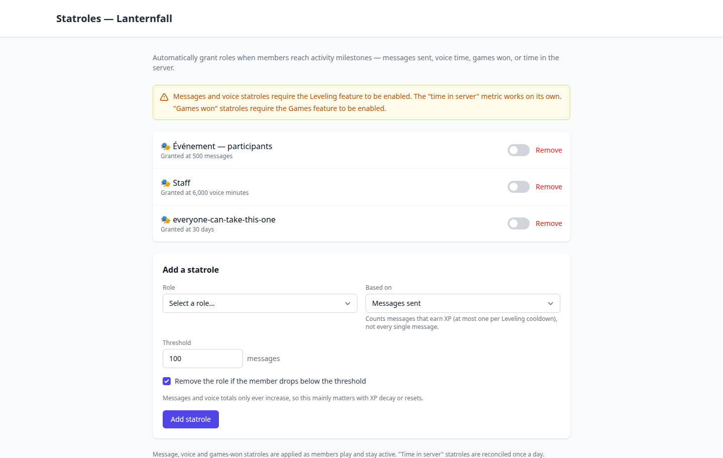 The Stat Roles page with three rules — messages, voice minutes and server age — each granting a role past a threshold