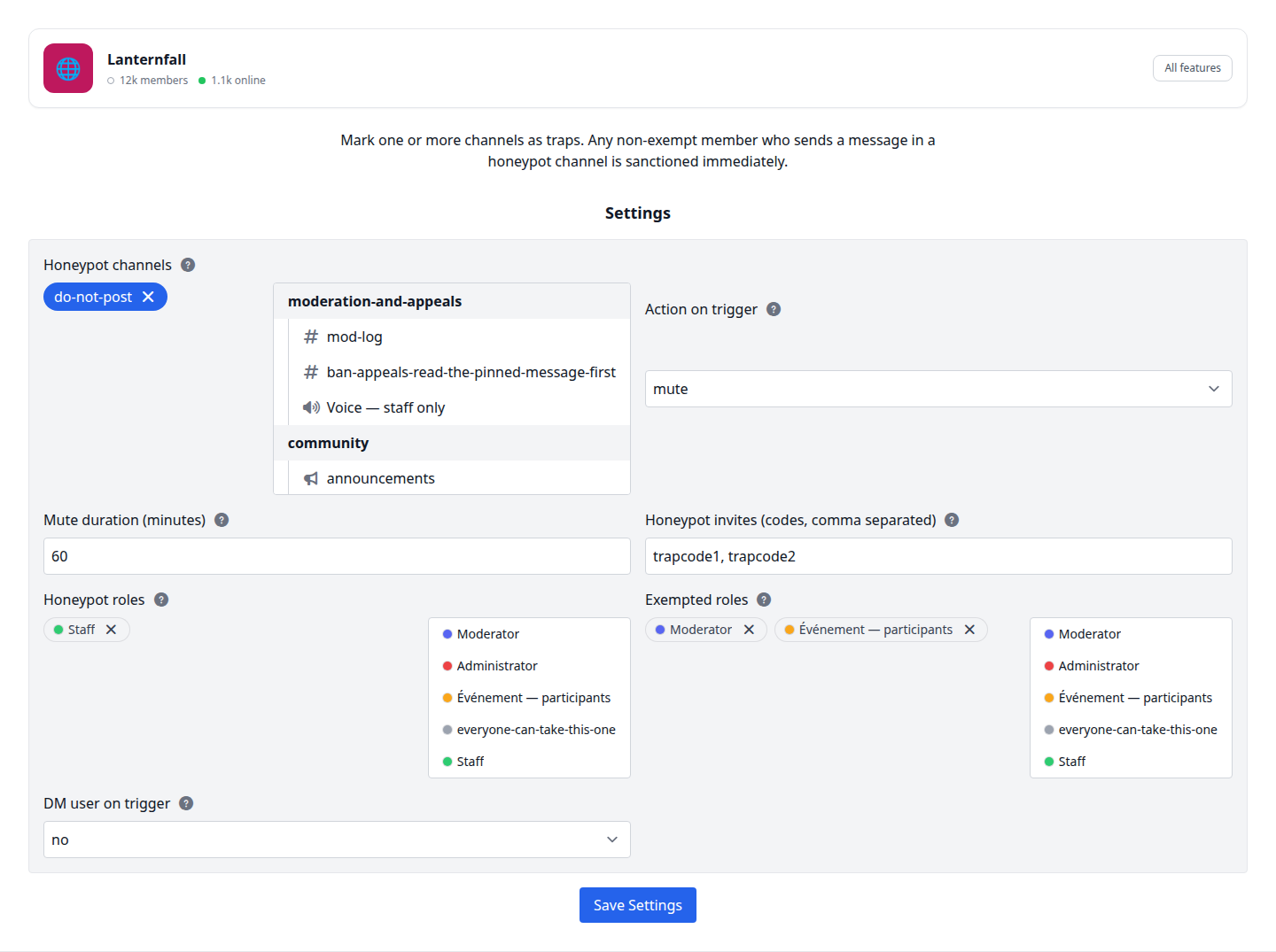 The feature configuration screen for the Honeypot feature, showing channel, role and action settings