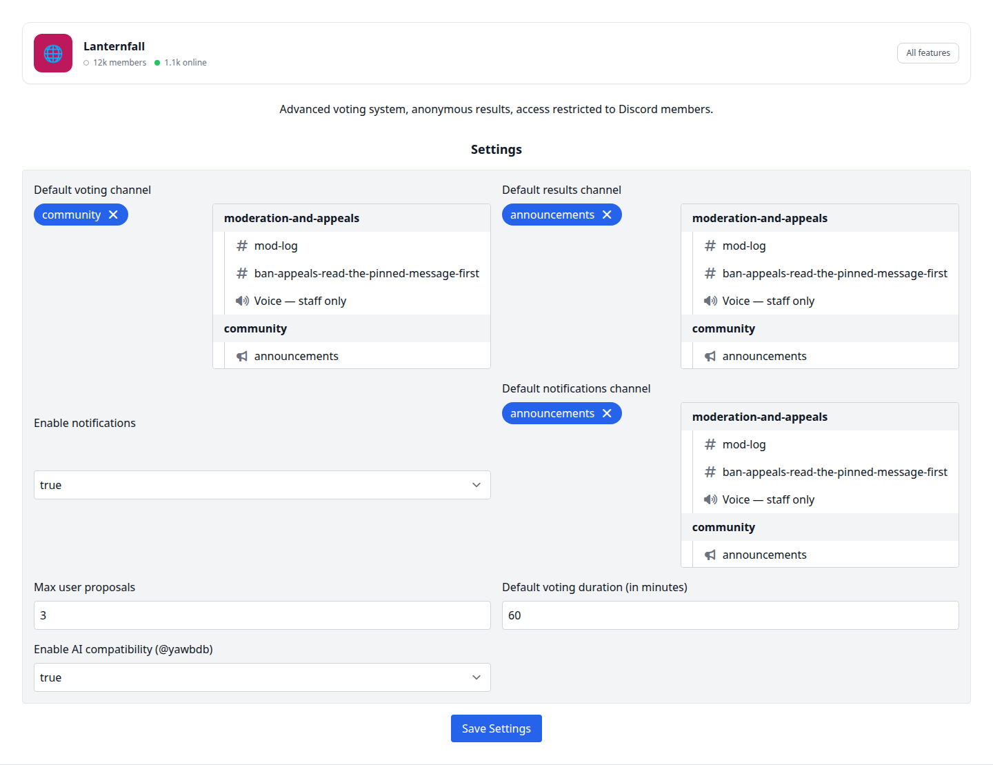 The Voting settings page: default voting, results and notification channels, proposal limit, default duration and AI compatibility
