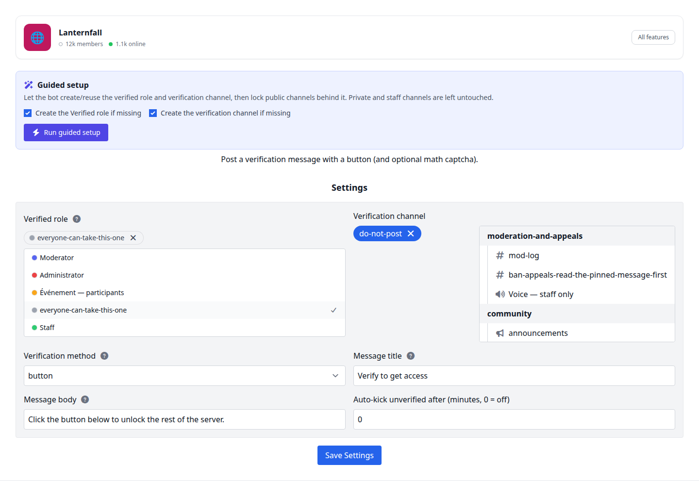 The Join Verification settings page: verified role, verification channel, method, message title and body, and the auto-kick delay