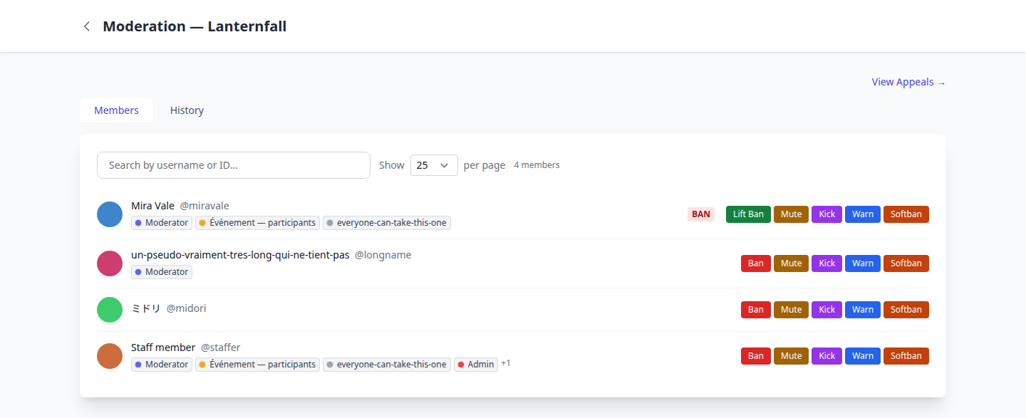 The Moderation page of a server: the member list with roles and an active sanction badge