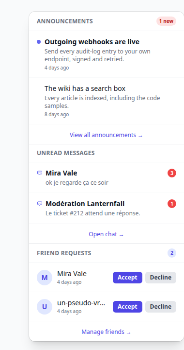 The notification bell opened, with the latest announcements, unread chat previews and pending friend requests