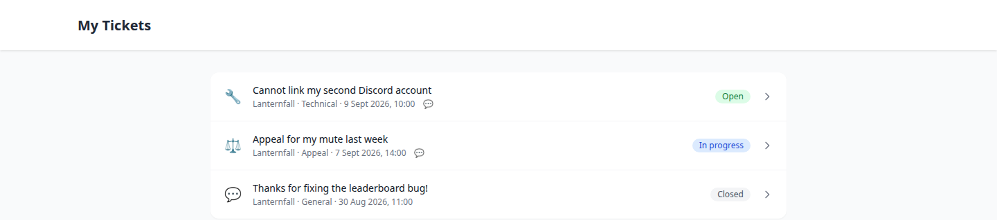 The My Tickets page listing your own tickets with their category, status and server