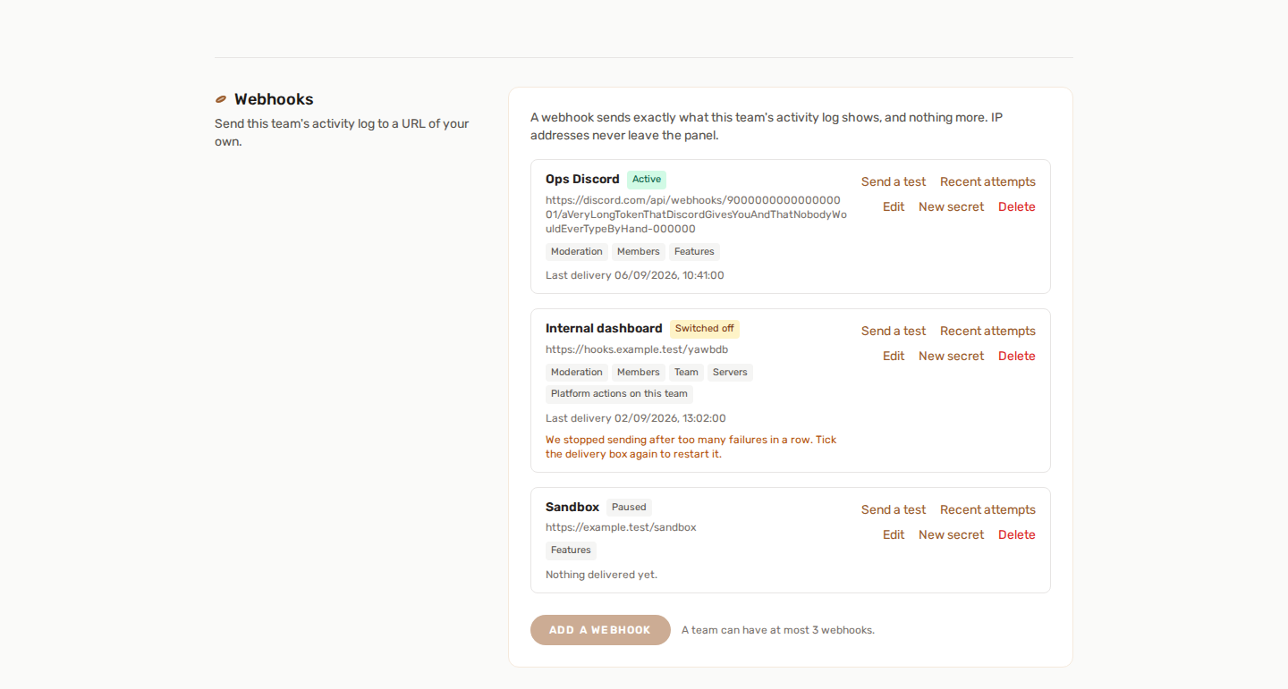 Een actieve teamwebhook met zijn bezorgcategorieën en het tijdstip van de laatste bezorging