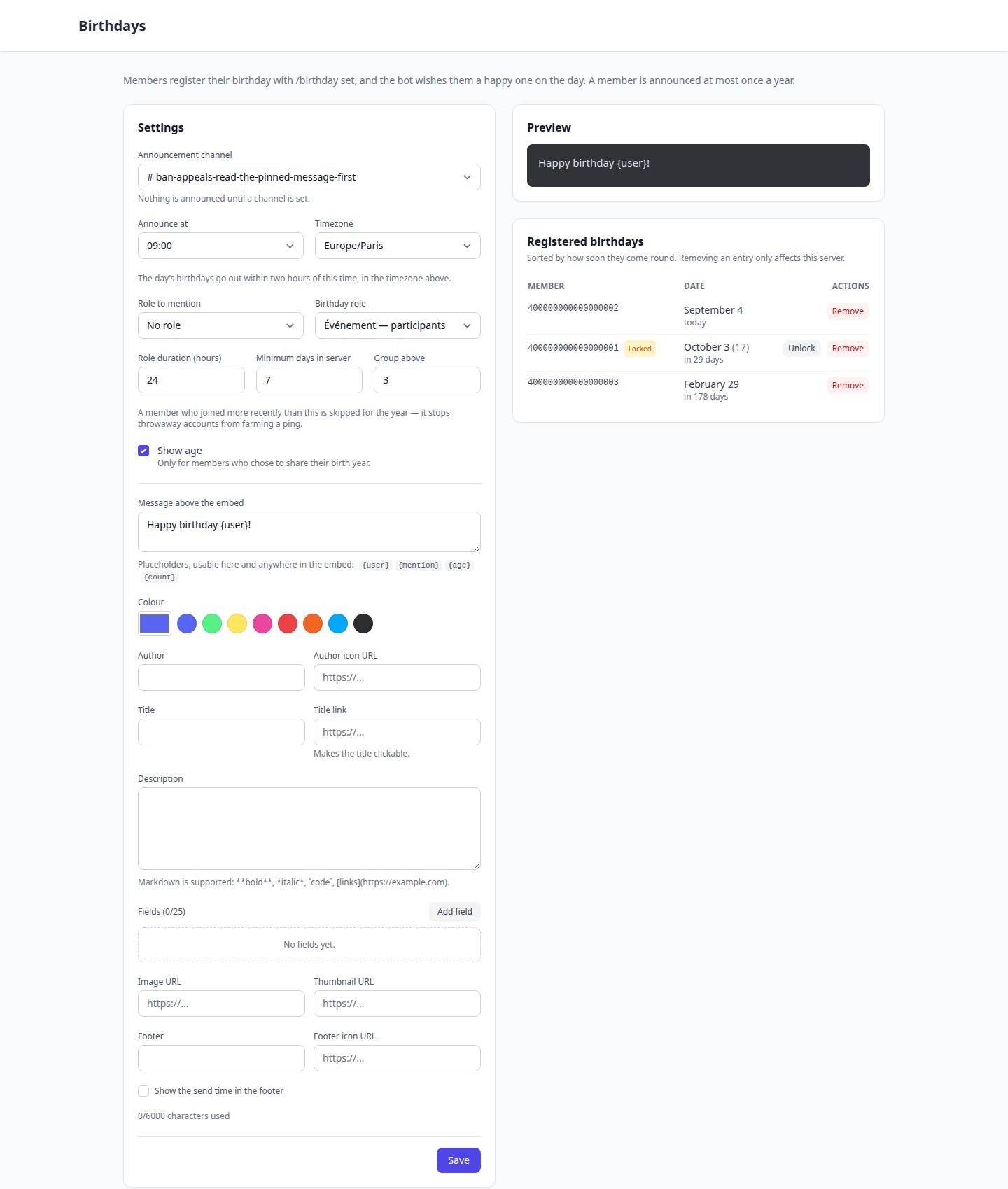 The Birthdays settings page with the announcement channel, role and message options on the left and the list of registered birthdays on the right
