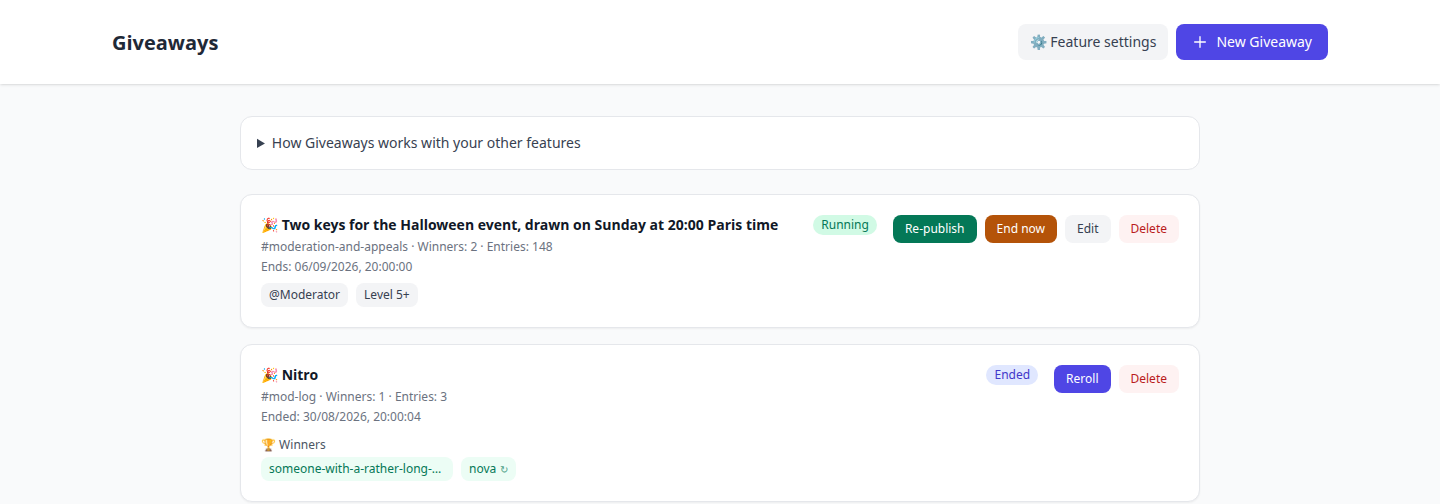 The Giveaways page showing one running giveaway and one ended giveaway with its winners