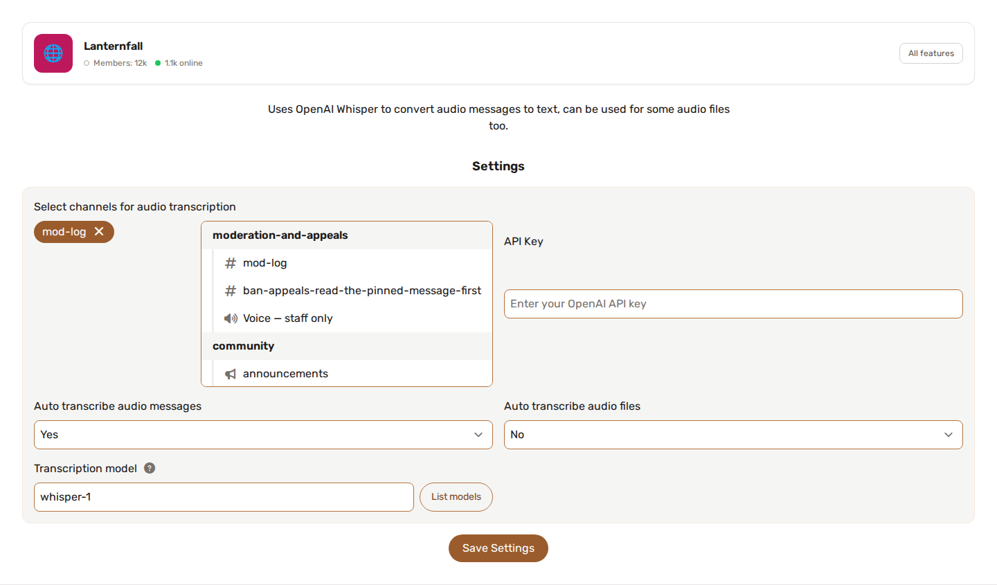 A página de configurações do AudioToText: canais de transcrição, chave de API, os dois interruptores de transcrição automática e o modelo de transcrição
