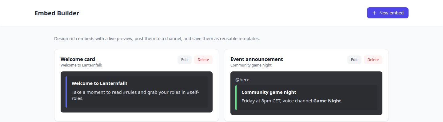 The Embed Builder page with two saved templates, a welcome card and an event announcement