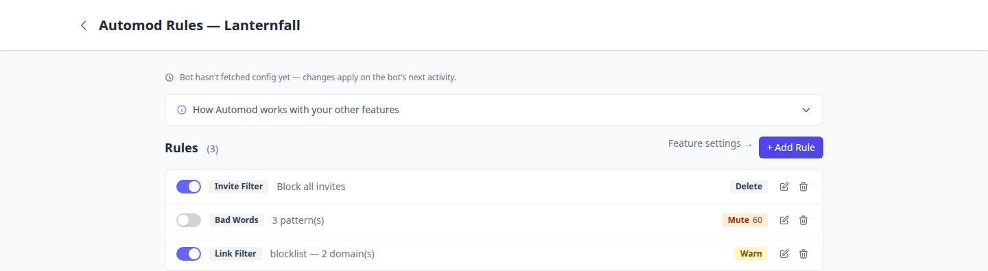 The Automod Rules page showing three configured rules — invite filter, bad words, and link filter — with an Add Rule button