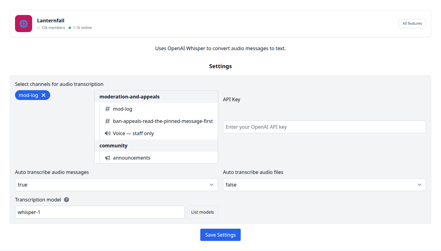 The AudioToText settings page: transcription channels, API key, the two auto-transcribe switches and the transcription model